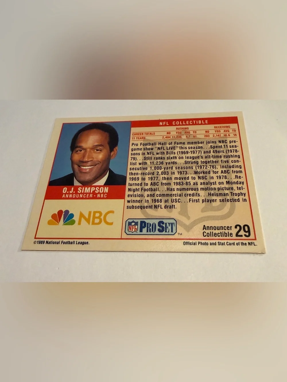 O.J. Simpson 1989 Pro Set Announcer Collectible #29 Vintage Football Card